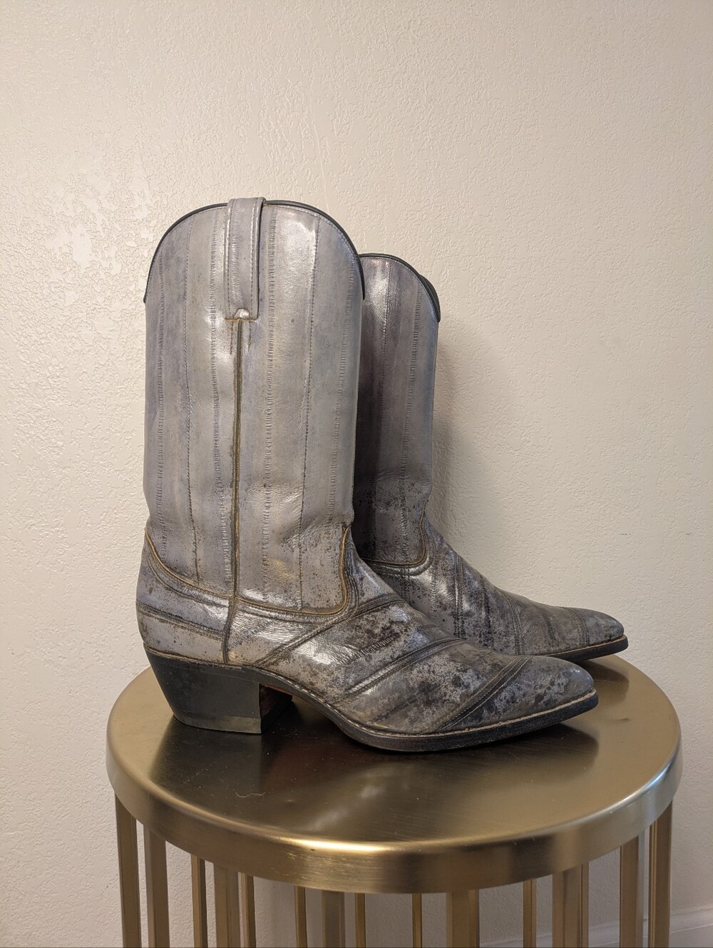 Vintage Justin JP Men's 11.5 Exotic Eel Skin Cowboy Boots Gray Patchwork Western